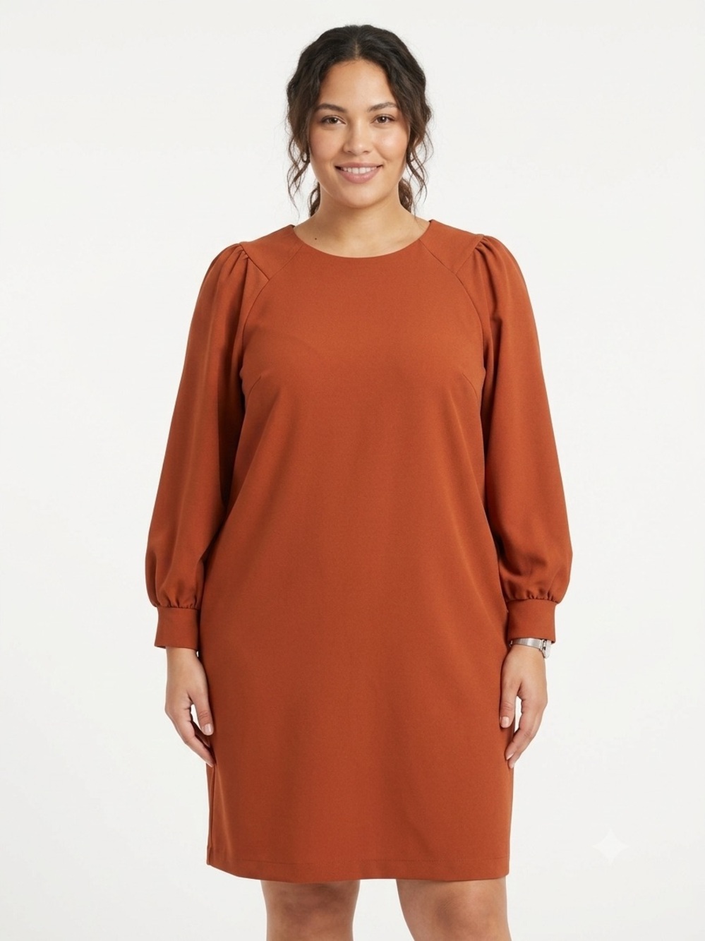 Clover & Soame, Puff-Sleeve Shift Dress in Rust - XL